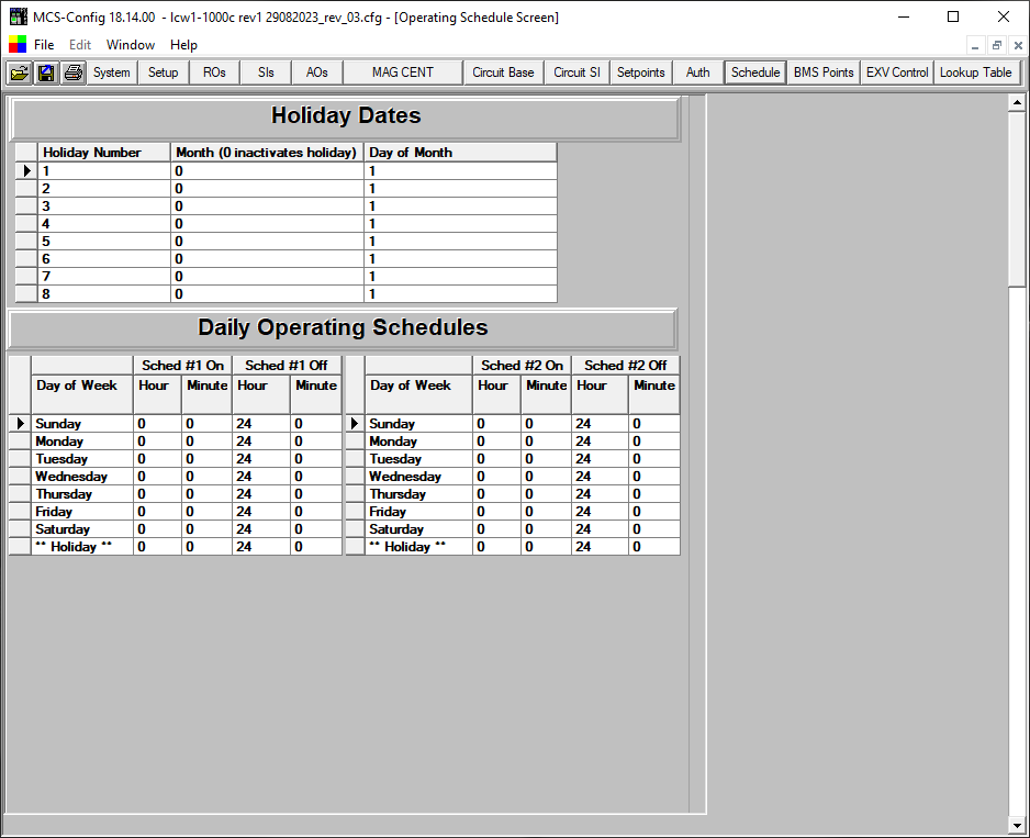 MCS-Config Schedule screen